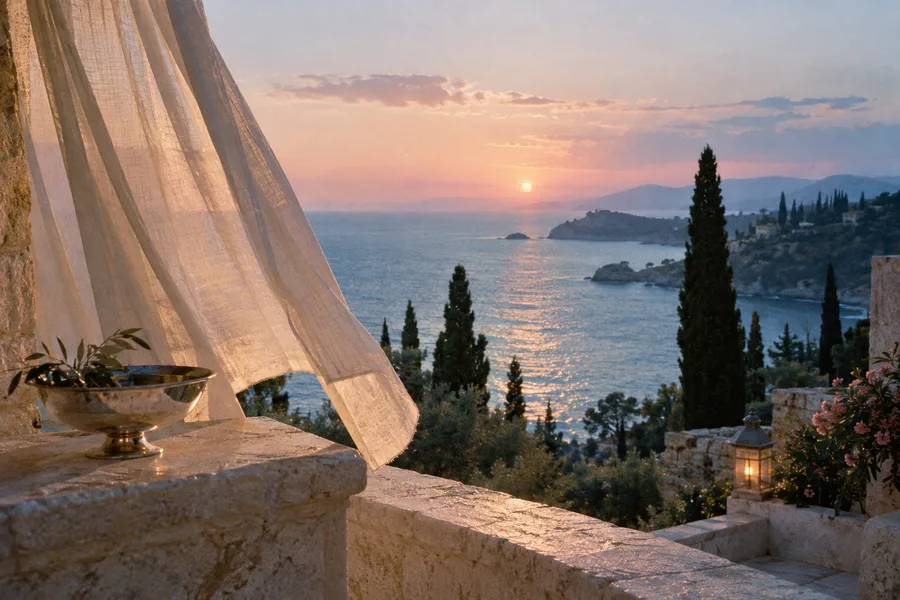 Sheer curtains and a sunset over the sea